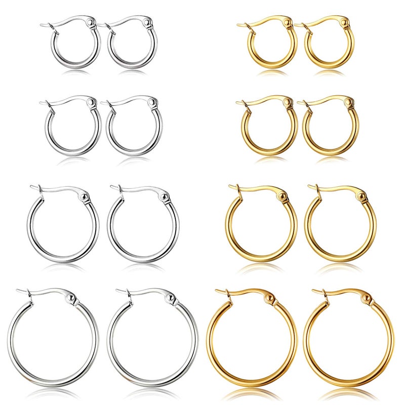 ORAZIO 8 Pairs Hoop Earrings for Women Men Stainless Steel Hooped Earrings Set(E: Silver-tone,4 pairs,Gold-tone,4 pairs) - Image 1